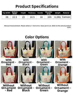 Detailed size chart and multi-color canvas tote bag selection with cartoon prints