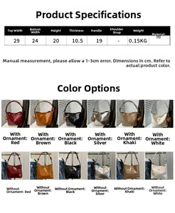 Detailed size chart and color options for the trendy PU leather bucket handbag