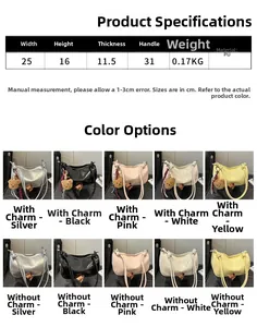 Detailed chart showing PU leather dumpling bag sizes, weights, and five color options