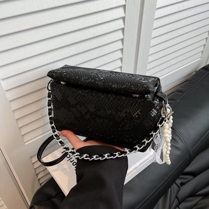 Stylish black snakeskin box bag with silver chain strap and pearl lace decoration