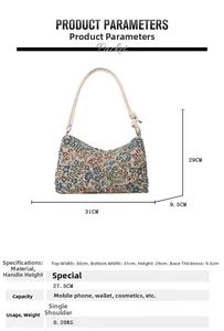 Detailed size specifications and dimensions for the floral ethnic canvas shoulder bag