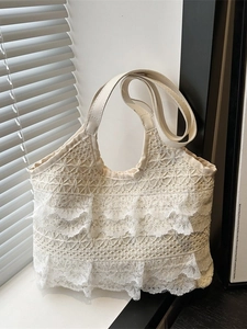 Women Lace Layered Ruffle Tote Bag Romantic French Style Shoulder Bag With Large Bow Decor