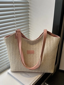 Women Large Capacity Straw Woven Tote Bag Handmade Summer Beach Vacation Shoulder Bag Fashion Simple Casual Handbag