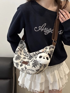 Canvas crescent crossbody bag with ink rabbit embroidery and panda plush pendant