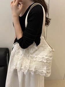 French style white lace tote bag with layered floral crochet design and cream shoulder strap