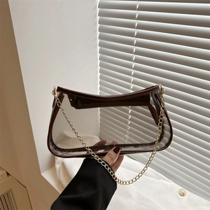 Sac Baguette Transparent En PVC Pour Femmes Avec Bordure En Cuir PU Et Chaîne Dorée Sac À Épaule Tendance Pochette