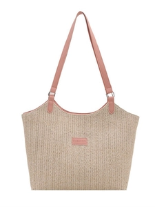 Large hand-woven straw tote bag with pink leather handles and silver metal hardware