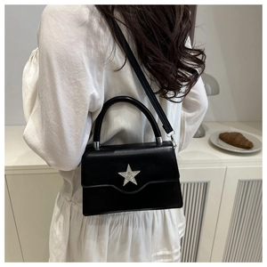 Rückansicht einer schwarzen Tasche mit funkelndem Diamantstern auf weißem Regalregal