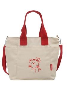 Contrast color canvas tote bag with red handles and cute cartoon bear print