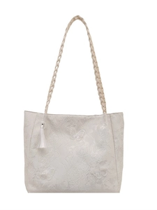 White lace tote bag with butterfly embroidery, braided handles and silk tassel