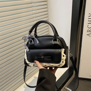 Women Sweet PU Leather Shell Crossbody Bag With Bow Lace Checked Ribbon Decor Small Fashion Handbag Top Handle Purse