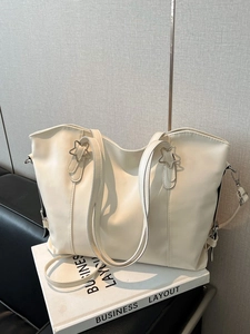 Women Large Capacity Tote Bag Soft PU Leather Shoulder Bag With Star Metal Buckle Simple Casual Commuting Handbag For Office School