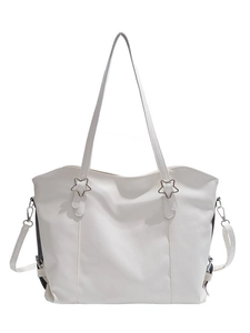 Minimalist white faux leather tote bag for women featuring unique star-shaped metal buckles