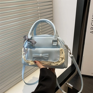 Sac à Main Doux en Cuir PU pour Femmes Avec Dentelle Nœud Ruban à Carreaux Petit Sac Bandoulière Carré Mode Quotidienne