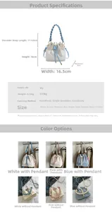 Detail of PU leather bucket bag with drawstring closure and woven handle strap