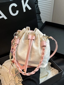 Korean Style Sweet Women Drawstring Bucket Bag Wrinkled PU Leather Contrast Woven Handle Shoulder Crossbody Handbag With Pendant