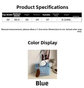Size chart for blue canvas tote bag showing dimensions and cute dog embroidery detail