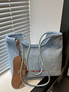 Women Denim Tote Bag Cartoon Dog Embroidery Large Capacity Casual Korean Style Shoulder Bag With Detachable Leather Case