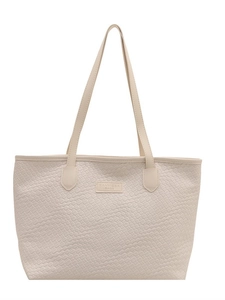 Large capacity beige woven tote bag for women with long shoulder straps and leather patch