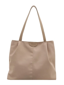 Minimalist beige nylon tote bag with fashion tag and shoulder straps for daily use