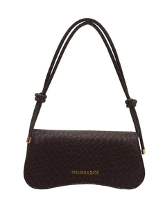 Minimalist woven dark brown leather shoulder bag with gold metal hardware detailing