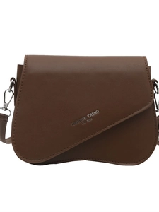 Minimalist dark brown square crossbody bag with unique geometric flap and fashion text