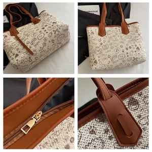 Detailed four-way view of textured woven tote bag with leather handles and golden zipper