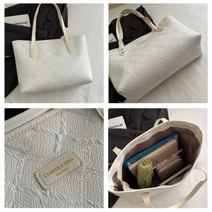 Detailed views of white tote bag showing textured fabric, leather straps and spacious interior