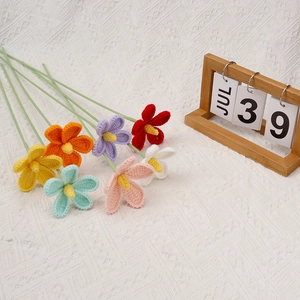 Handcrafted crochet violet flower bouquet with seven colorful stems for home decor