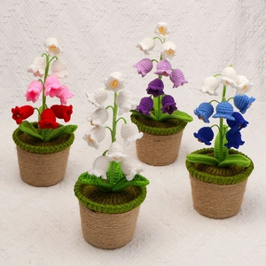 Handmade Crochet Knitted Lily Of The Valley Potted Plant Yarn Desktop Ornament Gradient Floral Decor With Jute Rope Pot