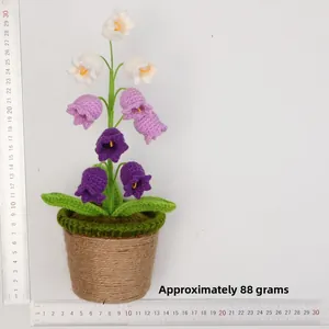 Handmade crochet lily of the valley potted plant with dimensions and weight detail