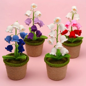 Detailed crochet lily of the valley potted plants in multiple colors for desk decor
