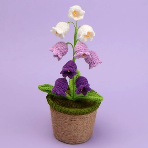 Handmade crochet lily of the valley potted plant with purple gradient knitted flowers