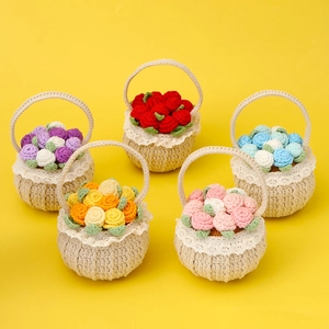 Handmade crochet rose flower baskets in five colorful styles for home and desk decor