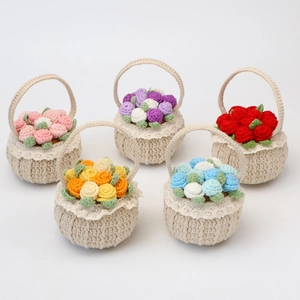Macro view of five colorful handmade crochet flower baskets with white lace details