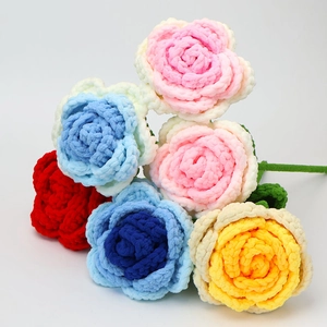Handmade Crochet Rose Flower Yarn Knitted Bouquet Eternal Floral Stem Decor Gift Valentine Day