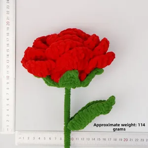 Detailed view of handcrafted red crochet flower with green stem and 18cm diameter measurement