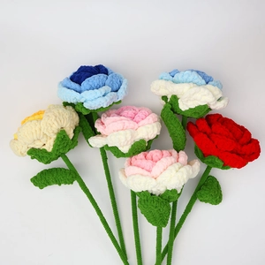 Handmade crochet roses with thick chenille yarn in various vibrant colors and green stems