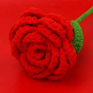 Handmade crochet red rose flower branch with green stem for Valentine's Day gift