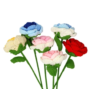 Handmade crochet rose bouquet with colorful chenille yarn flowers and green woven stems