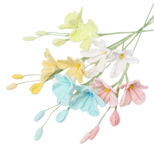 Handmade crochet dendrobium orchid bouquet in pastel yellow, white, pink and blue