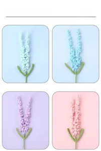 Detail view of handmade crochet lavender flowers in blue, purple and pink color options