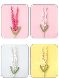 Detailed macro view of four-color handmade crochet lavender bouquets with clear textures