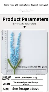 Detail showing handmade knitted lavender with soft blue yarn texture and 14.6g weight
