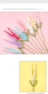 Detail of colorful crochet lavender flowers with fine knit texture and realistic green stems