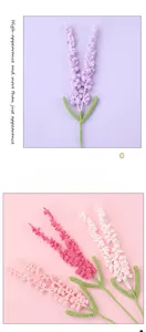 Macro detail of hand-knitted crochet lavender stems in pastel colors with green leaves