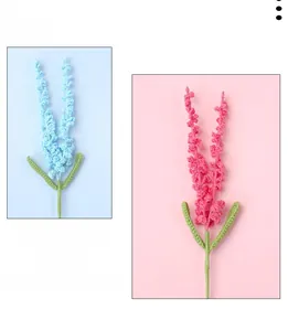 Close-up of handmade crochet lavender flowers in blue and pink yarn with detailed textures