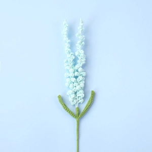 Handmade crochet lavender bouquet in light blue yarn with green leaves and stems