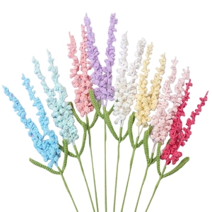 Handmade crochet lavender bouquet with multi-color yarn flowers and green stems