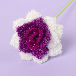 Handmade crochet rose with purple and white glitter yarn petals for home decor